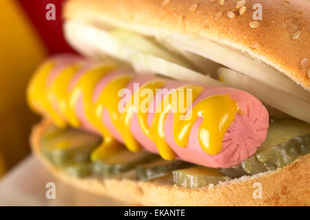 Hot Dog con sottaceti, cipolla e senape (messa a fuoco selettiva, concentrarsi sull'estremità anteriore della salsiccia) Foto Stock