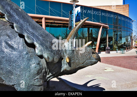 Un grande bronzo Triceratops accoglie i visitatori per il Museo di Storia Naturale del Nuovo Messico & Science in Albuquerque. Foto Stock