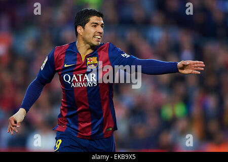 Luis Suarez (FC Barcelona), durante la Liga partita di calcio tra FC Barcelona e UD Almeria, allo stadio Camp Nou a Barcellona, Spagna, mercoledì 8 aprile 2015. Foto: S.Lau Foto Stock