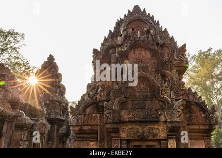 Sculture ornate in pietra arenaria rossa al tramonto al Banteay Srei tempio di Angkor, UNESCO, Siem Reap, Cambogia, Indocina, Asia Foto Stock