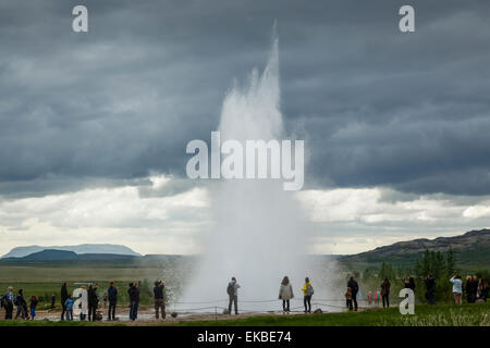 Strokkur geyser, Geysir, Golden Circle, Islanda, regioni polari Foto Stock