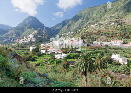 Hermigua, Roques de San Pedro Rock, terraecd campi, La Gomera, isole Canarie, Spagna, Europa Foto Stock