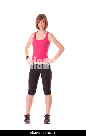 Giovani belle sport donna in piedi isolato su bianco Foto Stock
