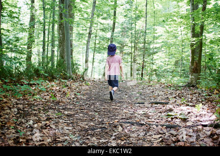 Vista posteriore del ragazzo passeggiando nella foresta, Hudson, Quebec, Canada Foto Stock