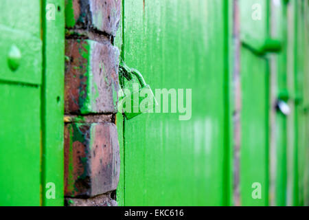 Lucchetto sul casottino verde porta sul riparto Foto Stock