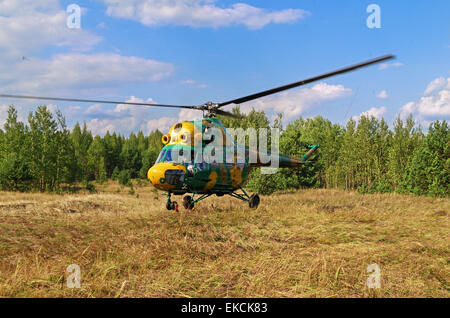 Volo in elicottero su un luogo di inizio e la fine di automobile rally-raid " Bielorussia - Baha - 2014'. Foto Stock