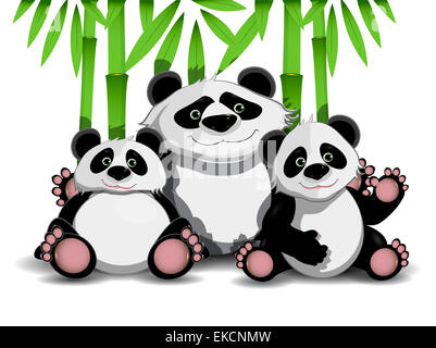 Illustrazione della famiglia di tre pandas e bambù Foto Stock