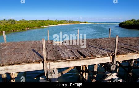 Invecchiato in legno tropicale ponte di Sian Kaan Tulum Foto Stock