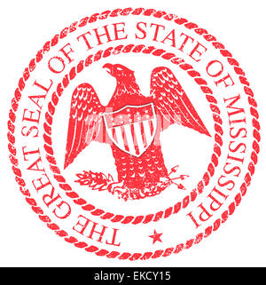 La guarnizione di tenuta degli Stati Uniti di stato americano del Mississippi isolato su uno sfondo bianco come un inchiostro rosso timbro di gomma Foto Stock