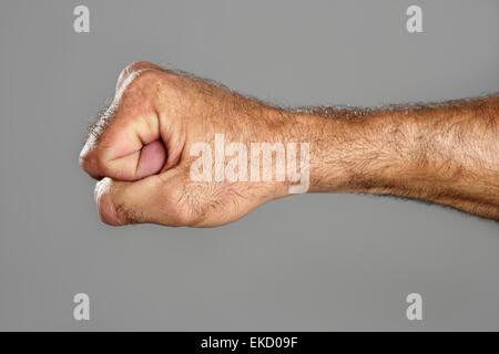 Peloso pugno closeup espressione su grigio Foto Stock