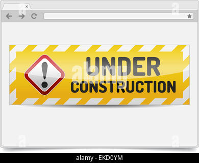 Semplice aperto nella finestra del browser su sfondo bianco con sotto il segno di costruzione. Modello di browser / mockup. Foto Stock