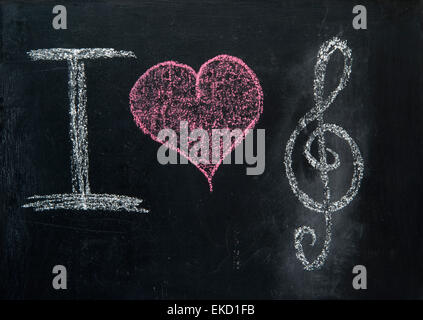 Io amo la musica sulla lavagna con cuore Foto Stock