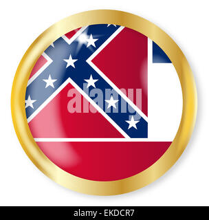 La Mississippi State flag pulsante con un metallo oro bordo circolare su uno sfondo bianco Foto Stock