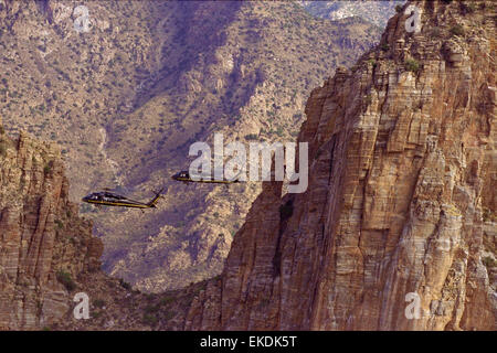 Due CBP unità aria UH-60 Blackhawk elicotteri pattuglia dello spazio aereo in America sudoccidentale della regione di confine. James Tourtellotte Foto Stock