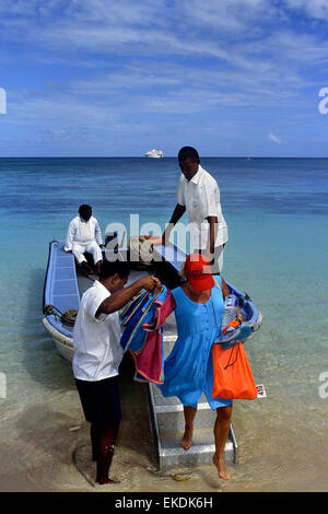 Blue Lagoon la nave di crociera i passeggeri in arrivo a una spiaggia con un taxi d'acqua. Isole Figi. Sud Pacifico Foto Stock