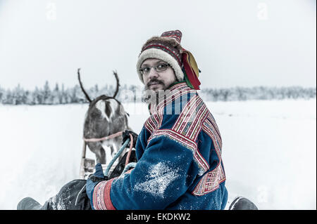 La renna Sleigh Ride. levi. Finlandia. Lapponia. scandinavia Foto Stock