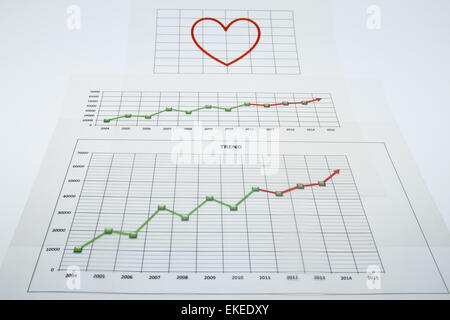 Pila di documenti cartacei con relazioni finanziarie e di un grande cuore rosso isolato su sfondo bianco Foto Stock