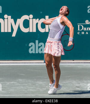 Charleston, Sc, STATI UNITI D'AMERICA. 9 apr, 2015. Charleston, SC - Apr 09, 2015: Andrea Petkovic (GER) [3] serve a Madison Brengle (USA) durante la loro partita durante il Family Circle Cup al Family Circle Tennis Center di Charleston, Sc.Andrea Petkovic avanza vincendo 6-4, 6-4 contro Madison Brengle Credito: csm/Alamy Live News Foto Stock