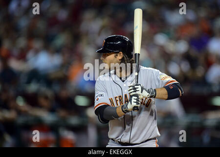 6 aprile 2015; Phoenix, AZ, Stati Uniti d'America; San Francisco Giants interbase Brandon Crawford (35) pipistrelli contro l'Arizona Diamondbacks durante la MLB game al Chase Field di Phoenix, AZ. Joe Camporeale/Cal Sport Media Foto Stock