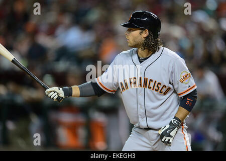 6 aprile 2015; Phoenix, AZ, Stati Uniti d'America; San Francisco Giants interbase Brandon Crawford (35) pipistrelli contro l'Arizona Diamondbacks durante la MLB game al Chase Field di Phoenix, AZ. Joe Camporeale/Cal Sport Media Foto Stock