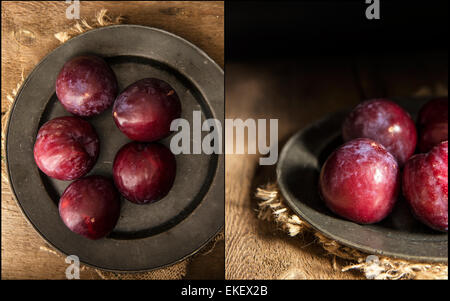 Raccolta di immagini di prugne fresche in moody illuminazione naturale impostato con stile vintage Foto Stock