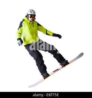 Snowboarder a saltare su sfondo bianco Foto Stock