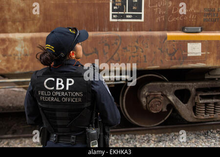 Una foto dell'Ufficio per la protezione delle frontiere e delle dogane degli Stati Uniti (OFO) di Nogales, Arizona, che mostra un ufficiale donna che controlla le attività al confine sud-occidentale. L'immagine, scattata nel 2012, evidenzia il ruolo del CBP nella sicurezza delle frontiere e nelle operazioni nella regione. Foto Stock