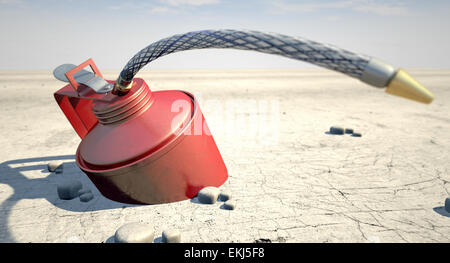 Un normale olio può una desolazione in un arido deserto su un caldo sole di mezzogiorno sfondo Foto Stock