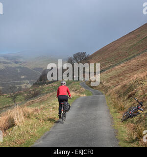 Una femmina di ciclismo lontano dal fotografo sulla strada gated verso Whinlatter passano sopra Lorton Vale in Cumbria, Inghilterra Foto Stock