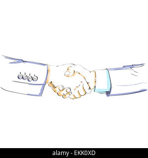 Colore di handshake sketch silhouette vettore business agitare le mani isolate su sfondo bianco Foto Stock