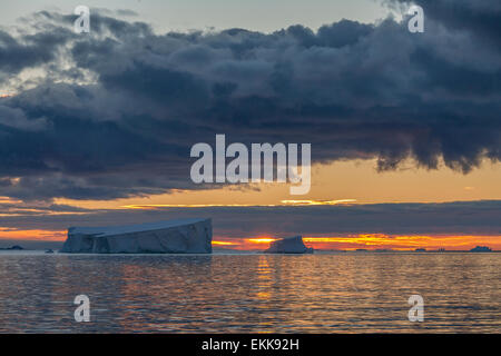 Il sole di mezzanotte oltre gli icebergs del passaggio di Drake vicino alla penisola antartica in Antartide. Foto Stock