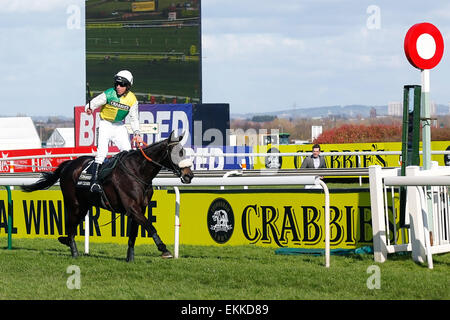 L'Aintree Racecourse, Liverpool, Regno Unito. Xi Apr, 2015. Crabbies Grand National. Molte nuvole cavalcato da Leighton Aspell attraversa la linea del traguardo e vince la gara Credit: Azione Plus immagini di sport/Alamy Live News Foto Stock