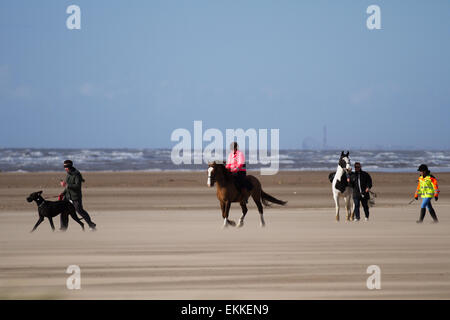 Aprile attività sulla spiaggia Southport, Merseyside, Regno Unito. Cavalieri e cani escursionisti. Attività, sport e attività sulla spiaggia soleggiata di Ainsdale, nonostante i venti alti, i mari scabra e le sabbie soffiate dal vento Foto Stock