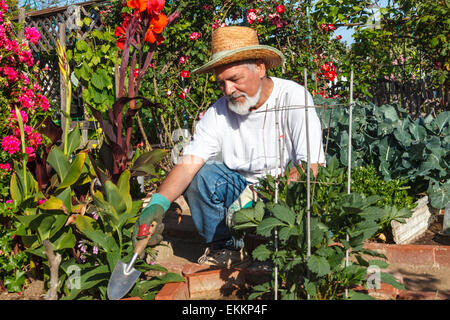 Uomo al Santa Monica comunità giardino sulla strada principale Foto Stock