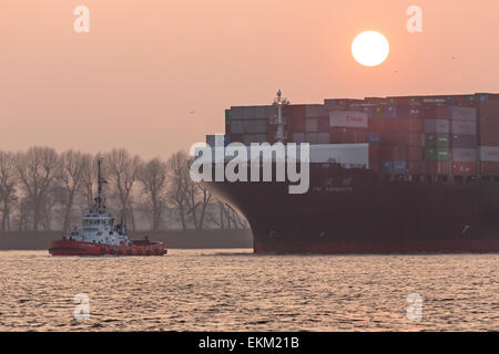 Contenitore con nave rimorchiatore sul fiume Elba, Amburgo Foto Stock