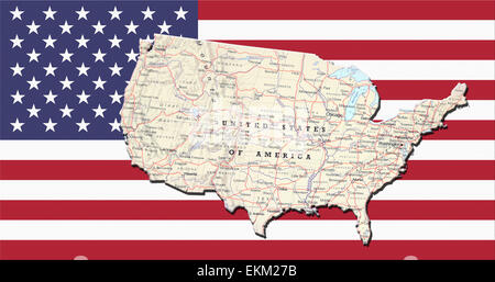 Mappa geografica degli Stati Uniti d'America con la bandiera degli USA come sfondo Foto Stock