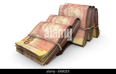 Una vista ravvicinata di cinque mazzette di ripiegata su pile di South African rand banconote ogni infomally legato da un nastro di gomma esposte Foto Stock