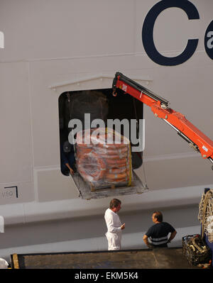 Dockside vista di Celebrity Equinox nave da crociera con un pallet di vita anelli essendo caricato. Foto Stock