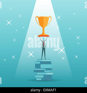 Vector cartoon illustrazione di un imprenditore tenendo un gigante golden trophy sulla sommità di una pila di libri. Foto Stock