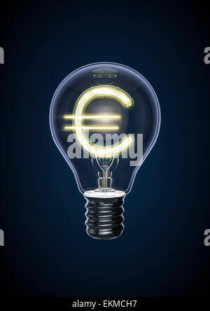 3D render incandescente del simbolo dell'euro all'interno della lampadina Foto Stock