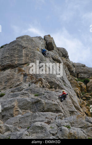 Arrampicata, arrampicata su corda, Sierra los Camarolos, Andalusia, Spagna meridionale. Foto Stock