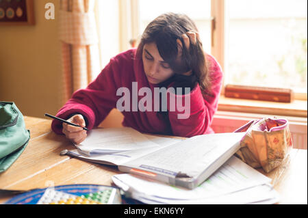 Adolescente di concentrare e studiando per gli esami come un livello in un ambiente di casa prendendo su tavolo da pranzo Foto Stock