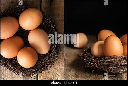 Compilazione di uova fresche immagini di moody illuminazione naturale impostazione con stile vintage Foto Stock