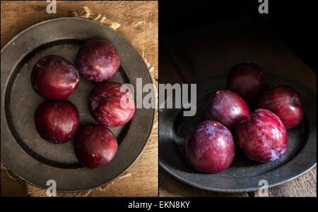 Raccolta di immagini di prugne fresche in moody illuminazione naturale impostato con stile vintage Foto Stock