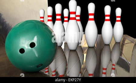 Primo piano gioco di bowling con sfera e dieci perni 3d rendering Foto Stock