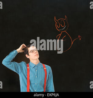 Nerd geek imprenditore studente maestro Angelo diavolo chalk decisione Foto Stock