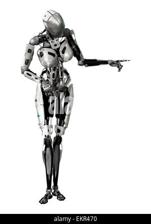 3D render digitale di un cyborg femmina rivolta a qualcosa di isolato su sfondo bianco Foto Stock