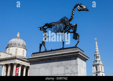 Un cavallo scultura di scheletro sul quarto zoccolo in Trafalgar Square a Londra. La procedura di installazione è dall'artista tedesco Hans Haacke Foto Stock