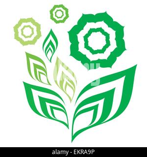 Il fiore stilizzato con foglie di colore verde su sfondo bianco Illustrazione Vettoriale