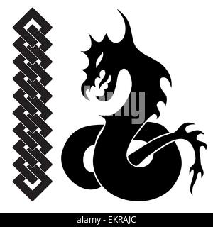 Silhouette di drago e la catena. Nero tatuaggio gotico Illustrazione Vettoriale